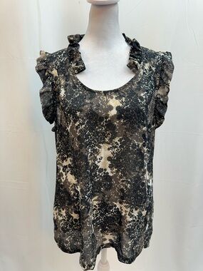 Converse Floral Ruffle Scoop Neck Blouse Sheer Top - Black,Brown and tan L